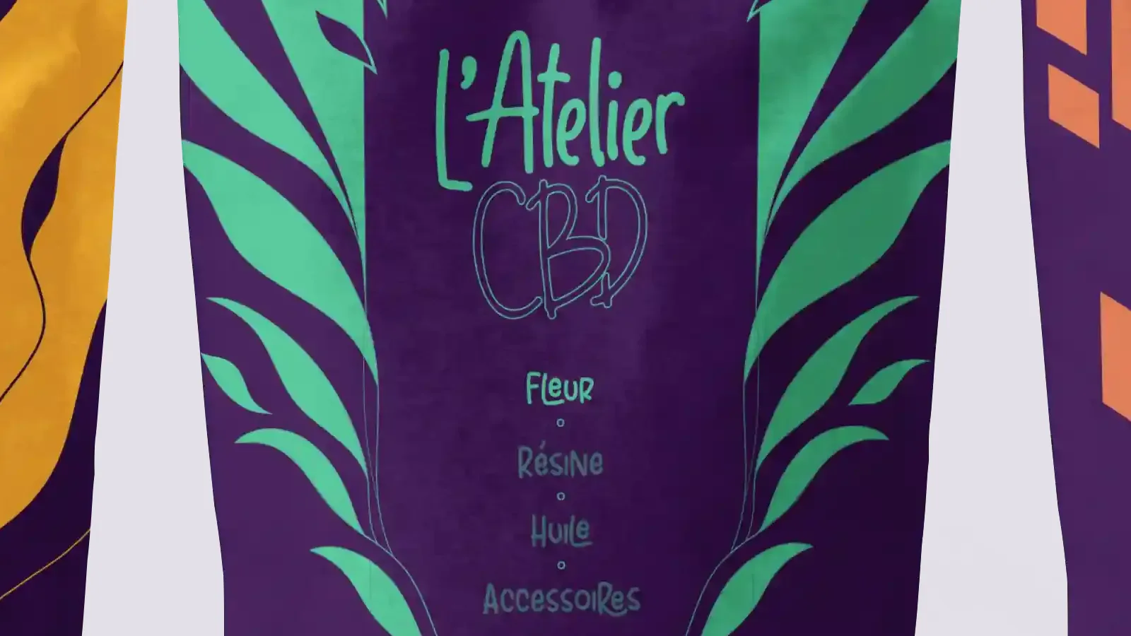 Gros plan sur la face avant d'un pochon L'Atelier CBD vert d'eau et violet, entre deux autres pochons