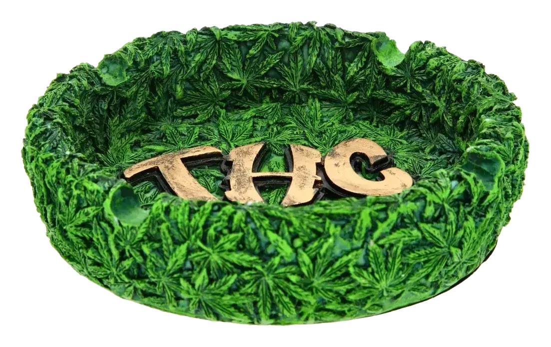Cendrier déco en résine motif feuilles avec lettrage THC en relief vue 2