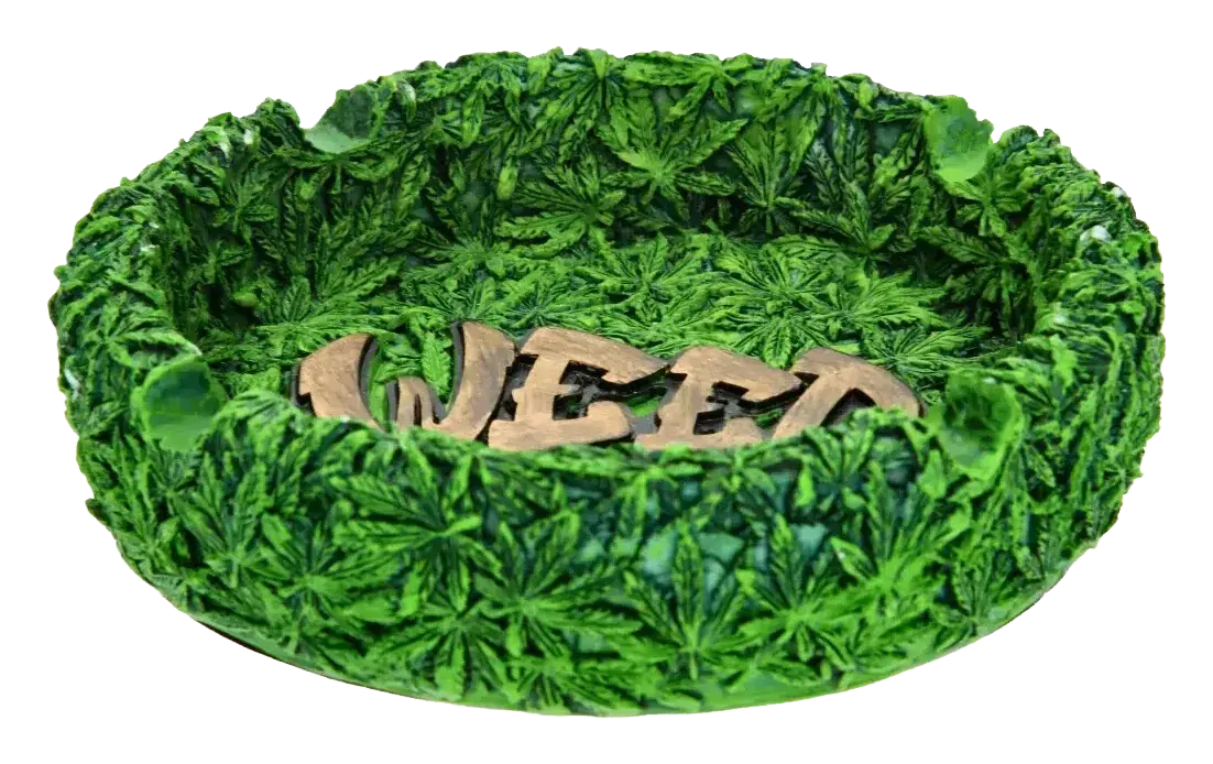 Cendrier déco en résine motif feuilles avec lettrage Weed en relief vue 2