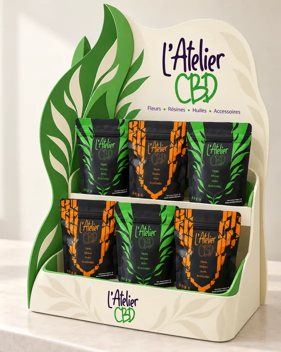 Présentoir de comptoir crème au feuillage vert, deux gradins de pochons L'Atelier CBD