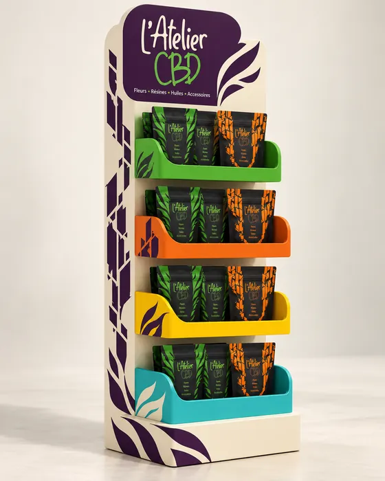 Colonne crème et violette à quatre étagères colorées, garnie de pochons L'Atelier CBD