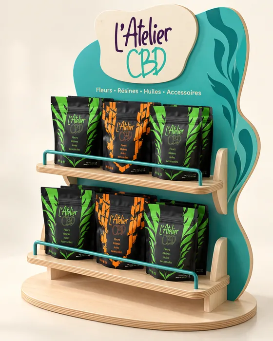 Présentoir en bois clair et turquoise à deux tablettes, garni de pochons L'Atelier CBD
