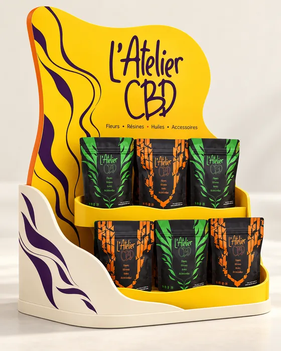 Présentoir jaune aux vagues violettes, deux gradins de pochons L'Atelier CBD